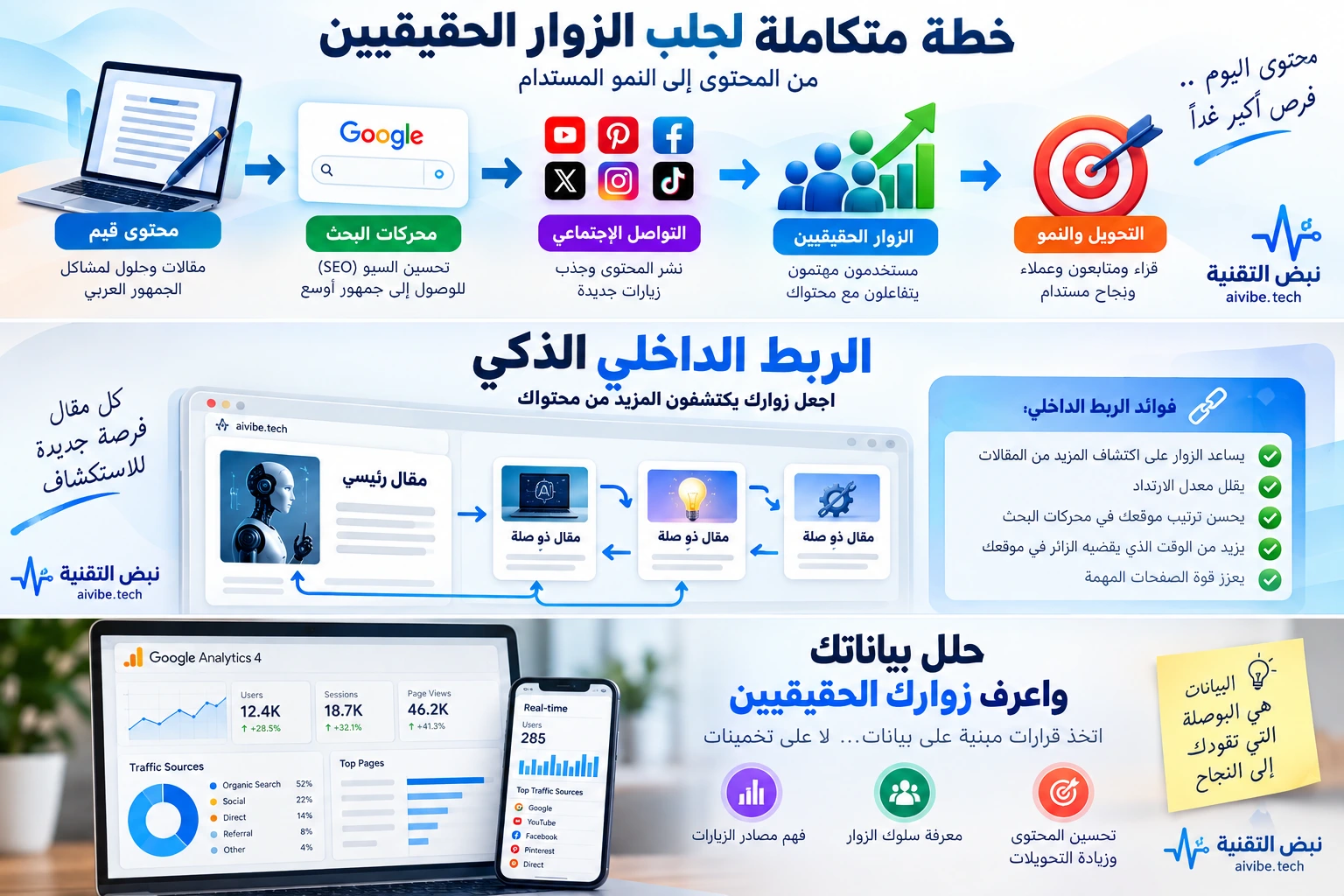 خطة جلب الزوار الحقيقيين وتحسين SEO والربط الداخلي وتحليل الزيارات