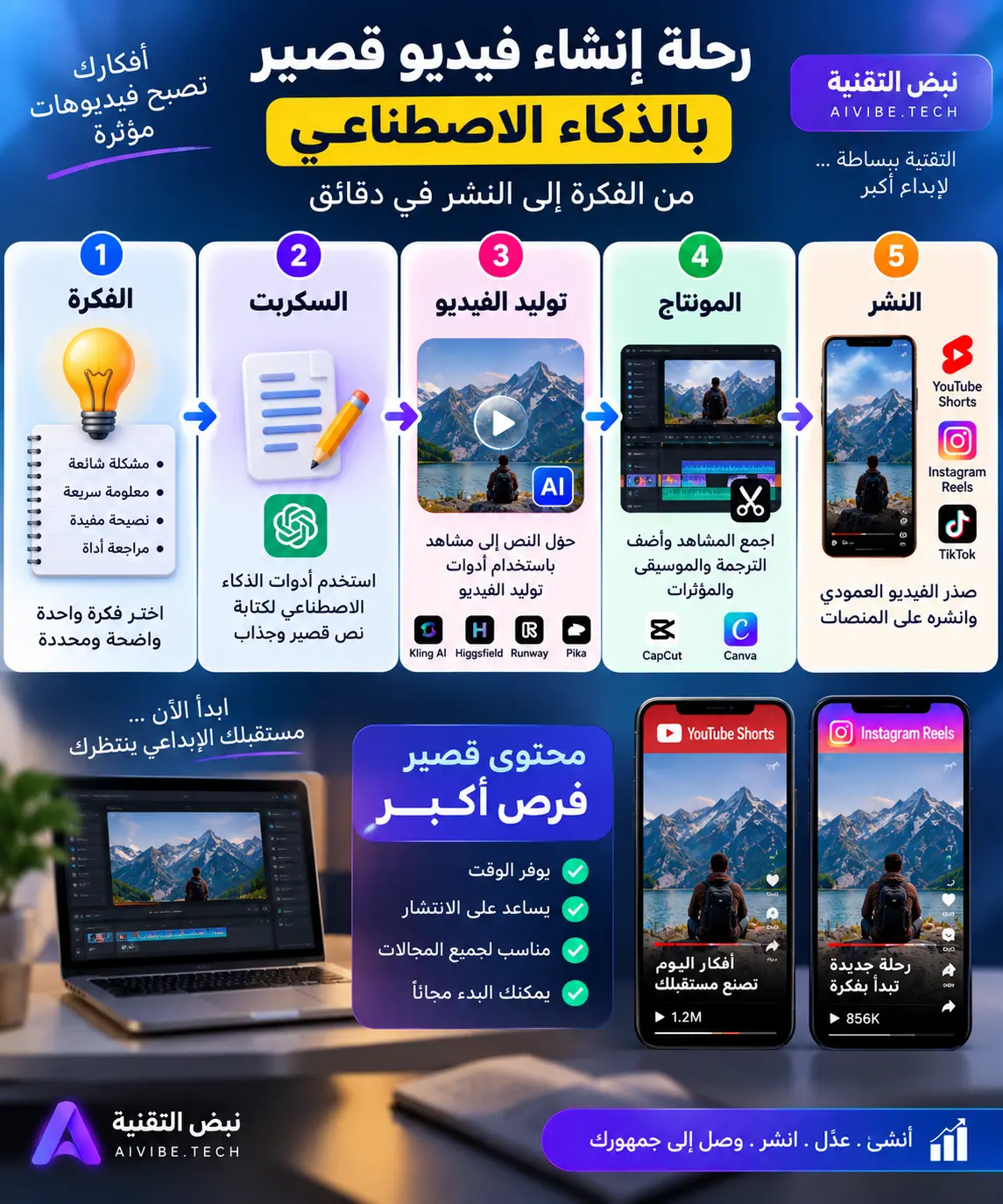 خطوات إنشاء فيديو Shorts وReels بالذكاء الاصطناعي من الفكرة إلى النشر