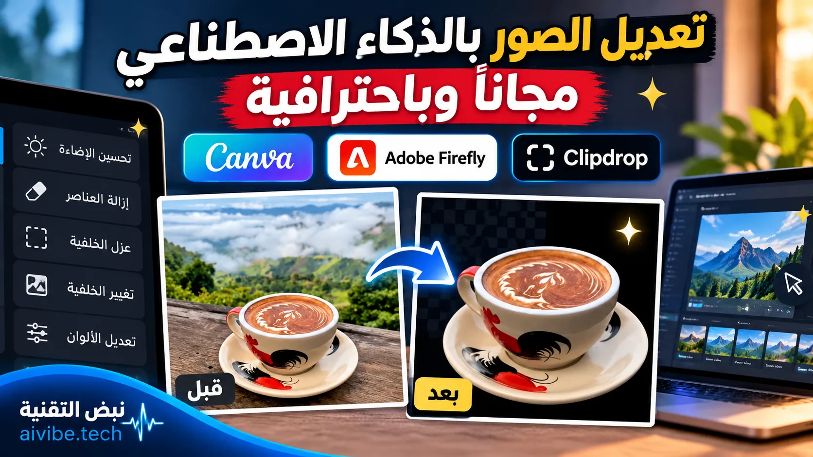 تعديل الصور بالذكاء الاصطناعي مجاناً باستخدام Canva وAdobe Firefly وClipdrop مع مقارنة قبل وبعد